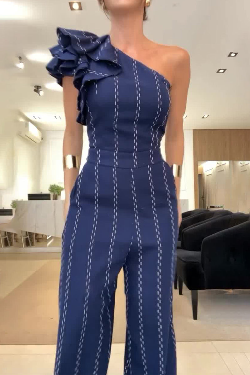 Stripe Irregular Stringy Selvedge Sloping Shoulder Loose Jumpsuits