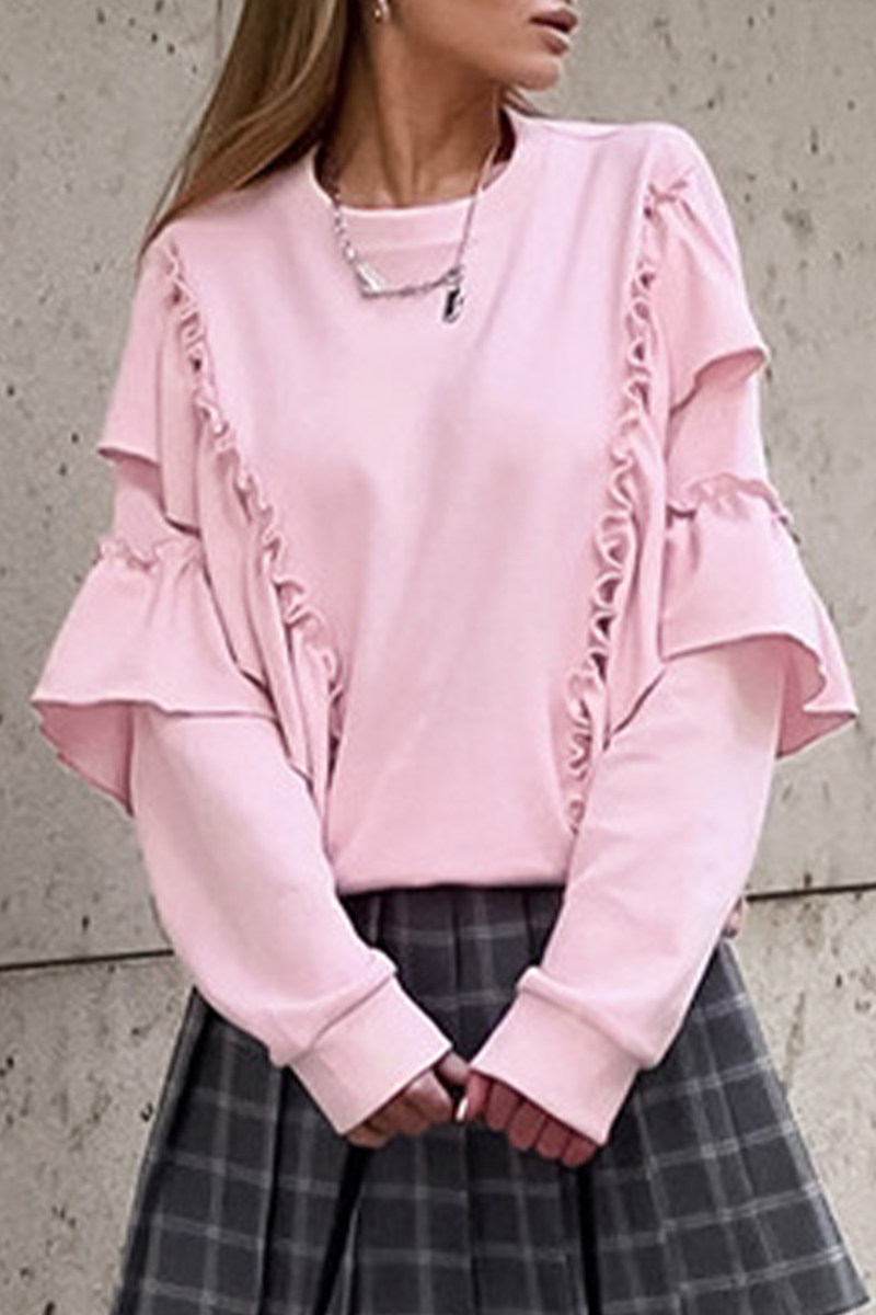 Color Ruffle O Neck Hoodies