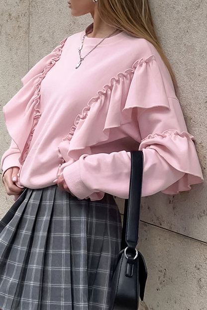 Color Ruffle O Neck Hoodies