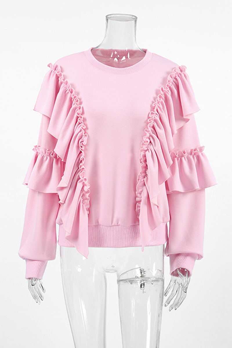 Color Ruffle O Neck Hoodies