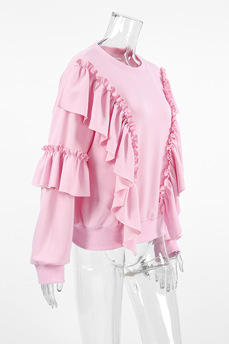 Color Ruffle O Neck Hoodies