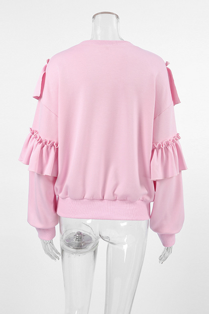 Color Ruffle O Neck Hoodies