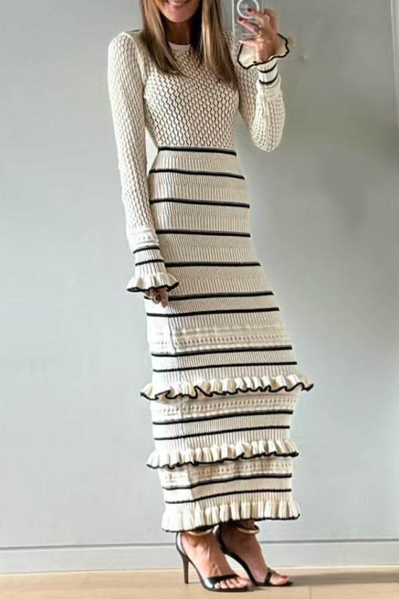 Stripe Ruffle Weave Contrast O Neck Wrapped Skirt Dresses
