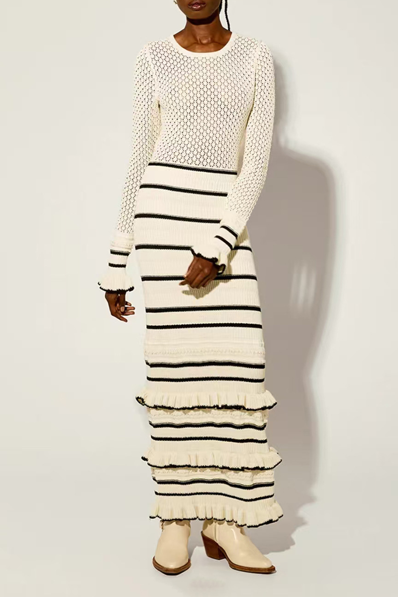 Stripe Ruffle Weave Contrast O Neck Wrapped Skirt Dresses