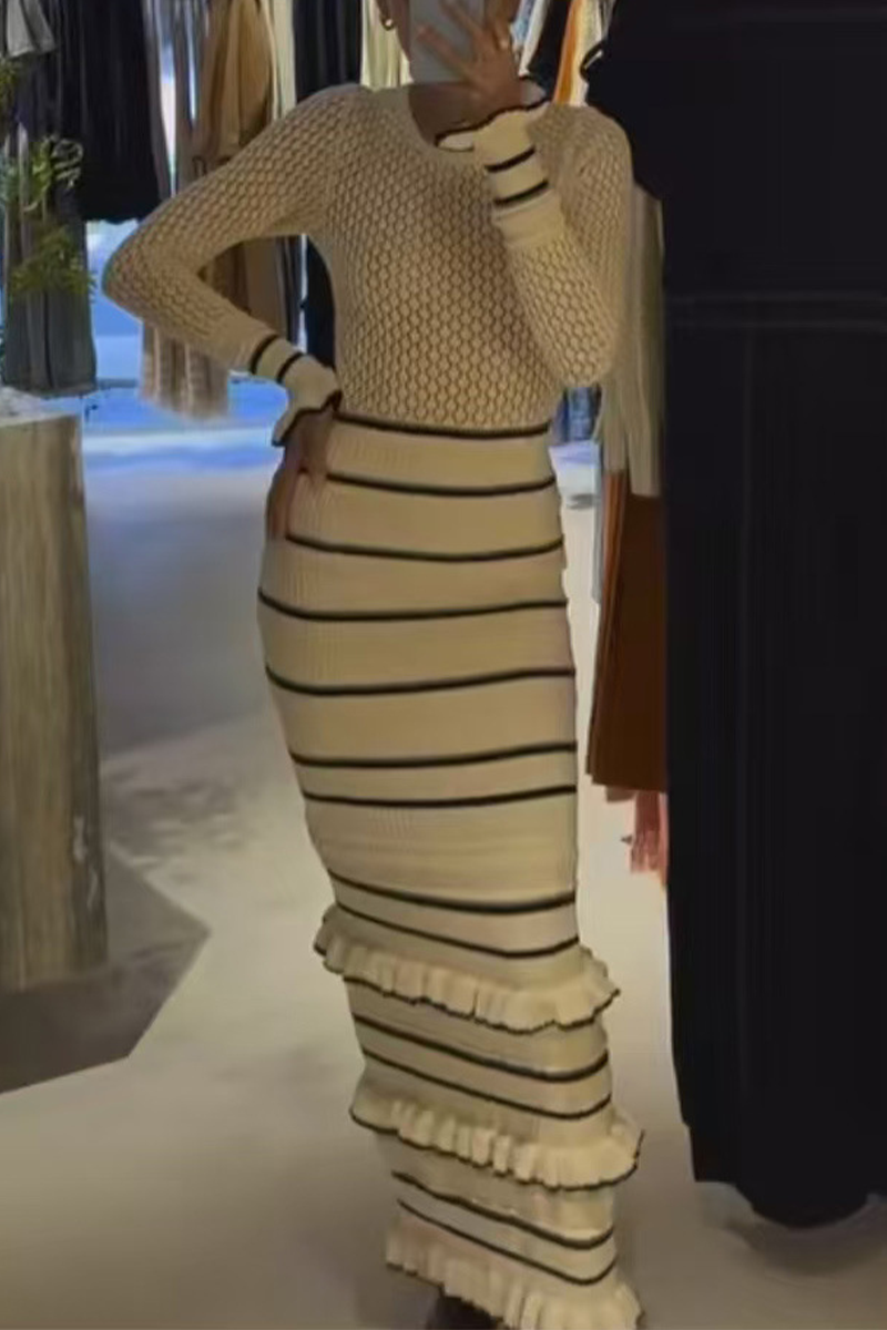 Stripe Ruffle Weave Contrast O Neck Wrapped Skirt Dresses
