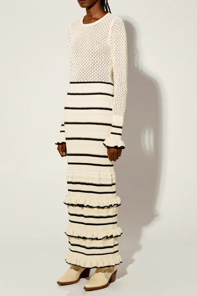 Stripe Ruffle Weave Contrast O Neck Wrapped Skirt Dresses