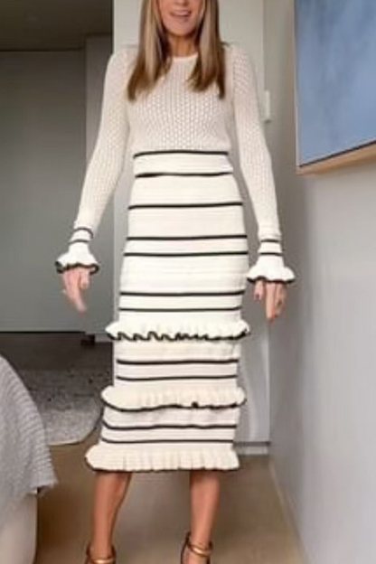 Stripe Ruffle Weave Contrast O Neck Wrapped Skirt Dresses