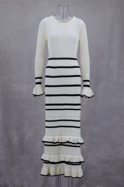 Stripe Ruffle Weave Contrast O Neck Wrapped Skirt Dresses