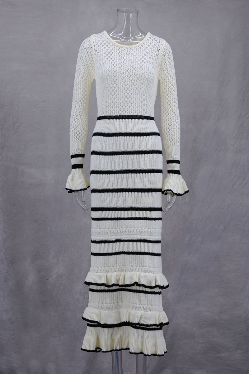 Stripe Ruffle Weave Contrast O Neck Wrapped Skirt Dresses