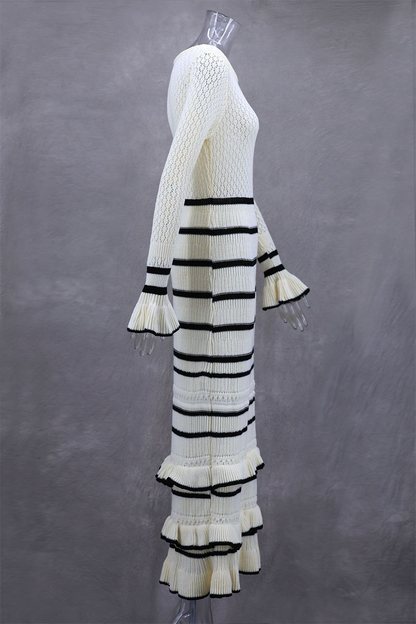 Stripe Ruffle Weave Contrast O Neck Wrapped Skirt Dresses