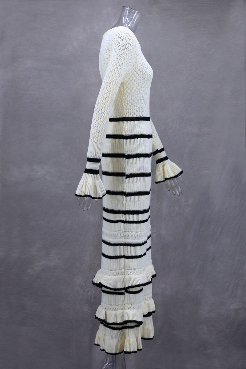 Stripe Ruffle Weave Contrast O Neck Wrapped Skirt Dresses