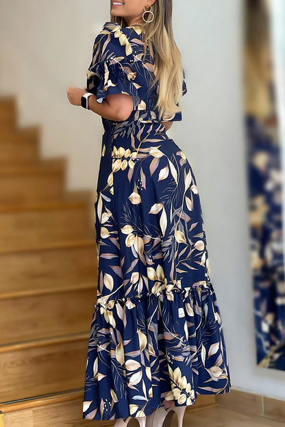 Print Patchwork Slit V Neck Long Dresses