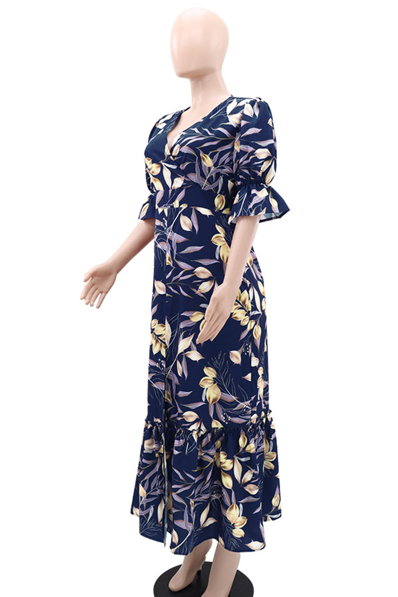 Print Patchwork Slit V Neck Long Dresses