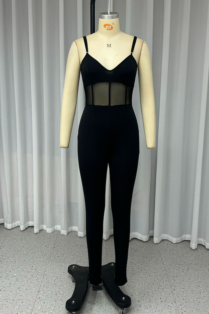 Color Mesh V Neck Skinny Jumpsuits