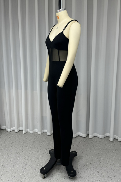 Color Mesh V Neck Skinny Jumpsuits