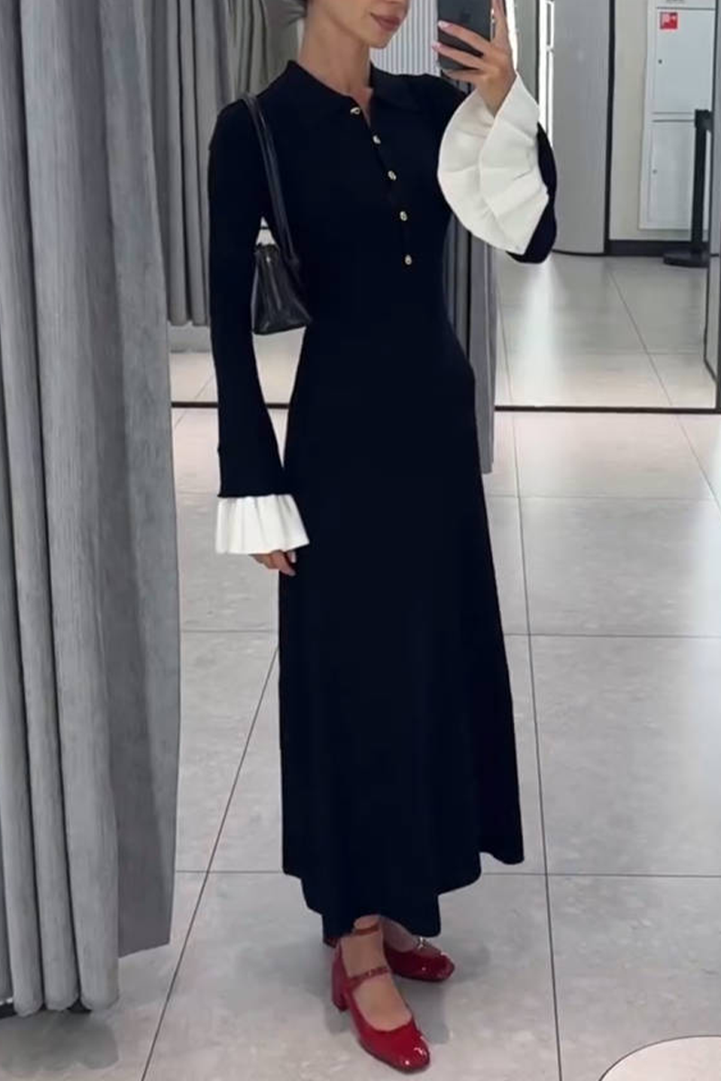 Ruffle Weave Contrast O Neck Waist Skirt Dresses