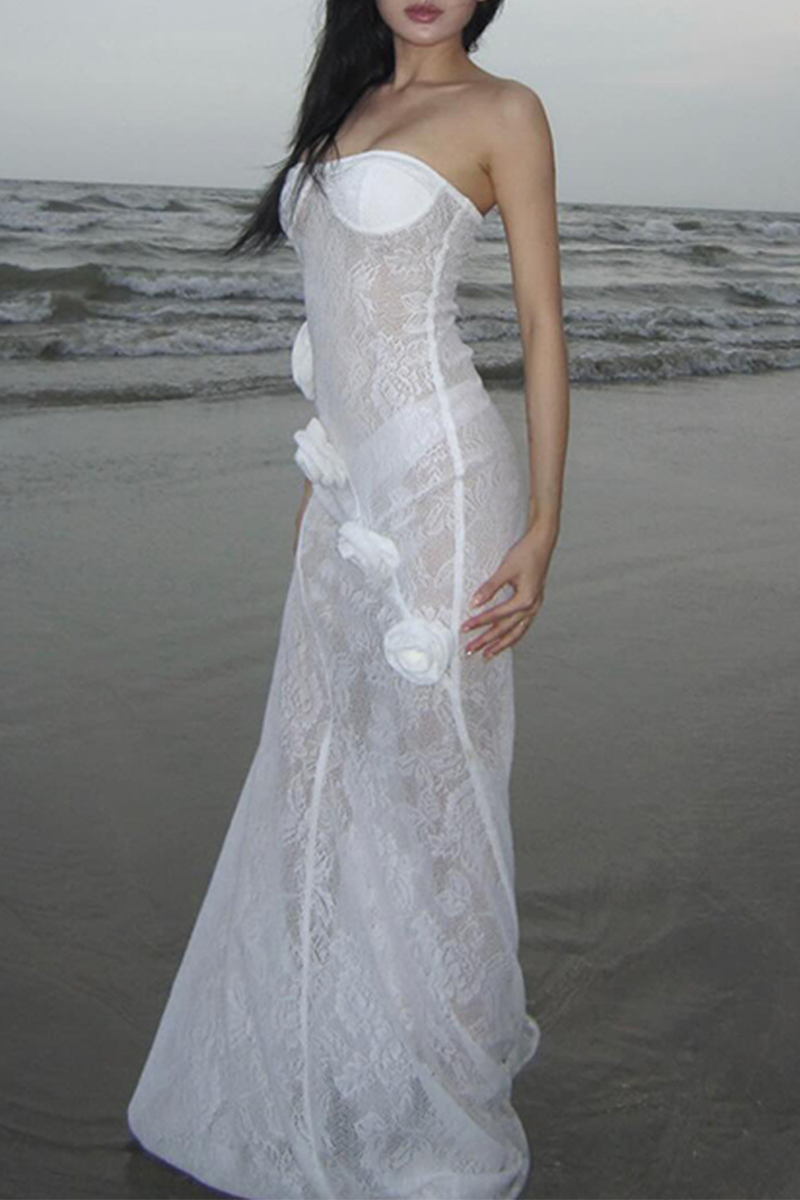 Lace Flower Shape Strapless Long Dresses
