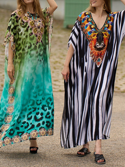 Batwing Sleeves Loose Printed Split-side Striped V-neck Beach Cover-up Maxi Dresses
