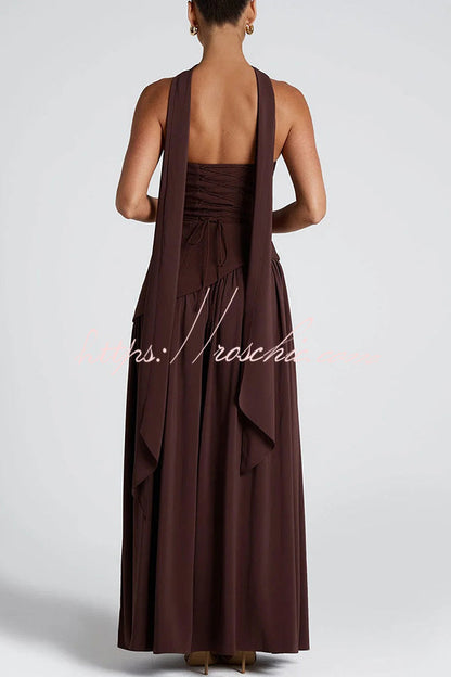 Off Shopulder Chiffon Pleated Hem Scarf Slit Maxi Dress
