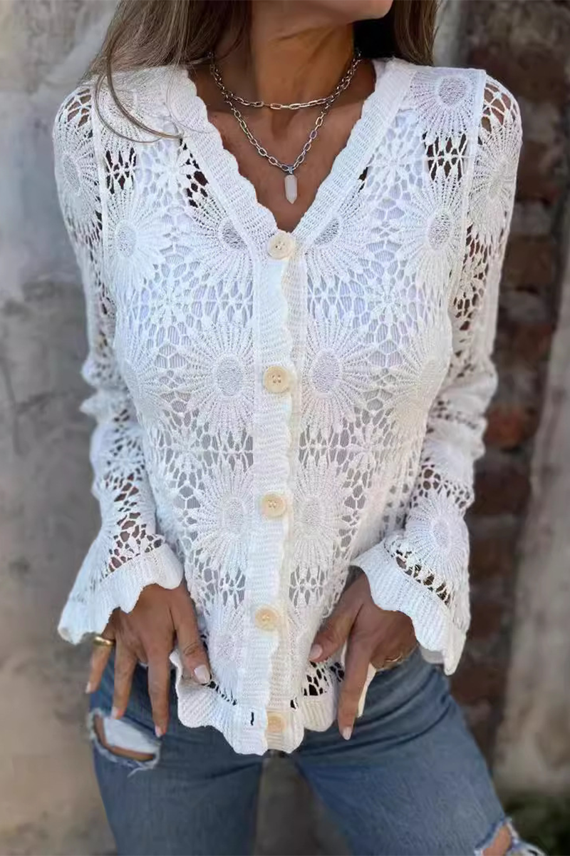 Lace Hollow Out Buttons V Neck Blouses