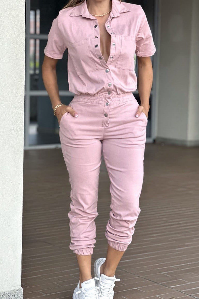 Pocket Buckle Patchwork Turndown Collar Regular Jumpsuits(4 Colors)