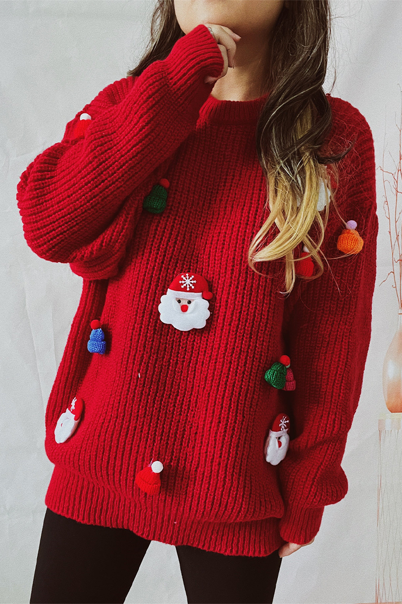 Santa Claus Christmas Tree Patchwork Weave O Neck Sweaters