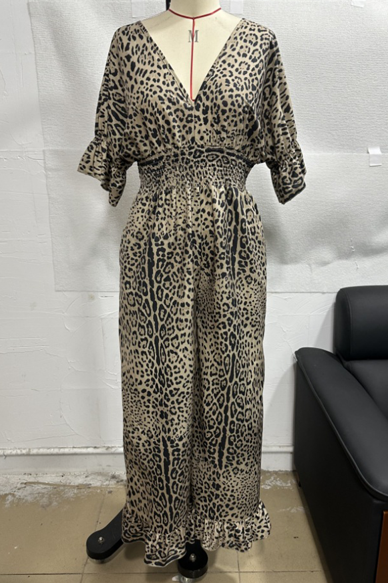 Leopard Contrast V Neck Loose Jumpsuits(4 Colors)