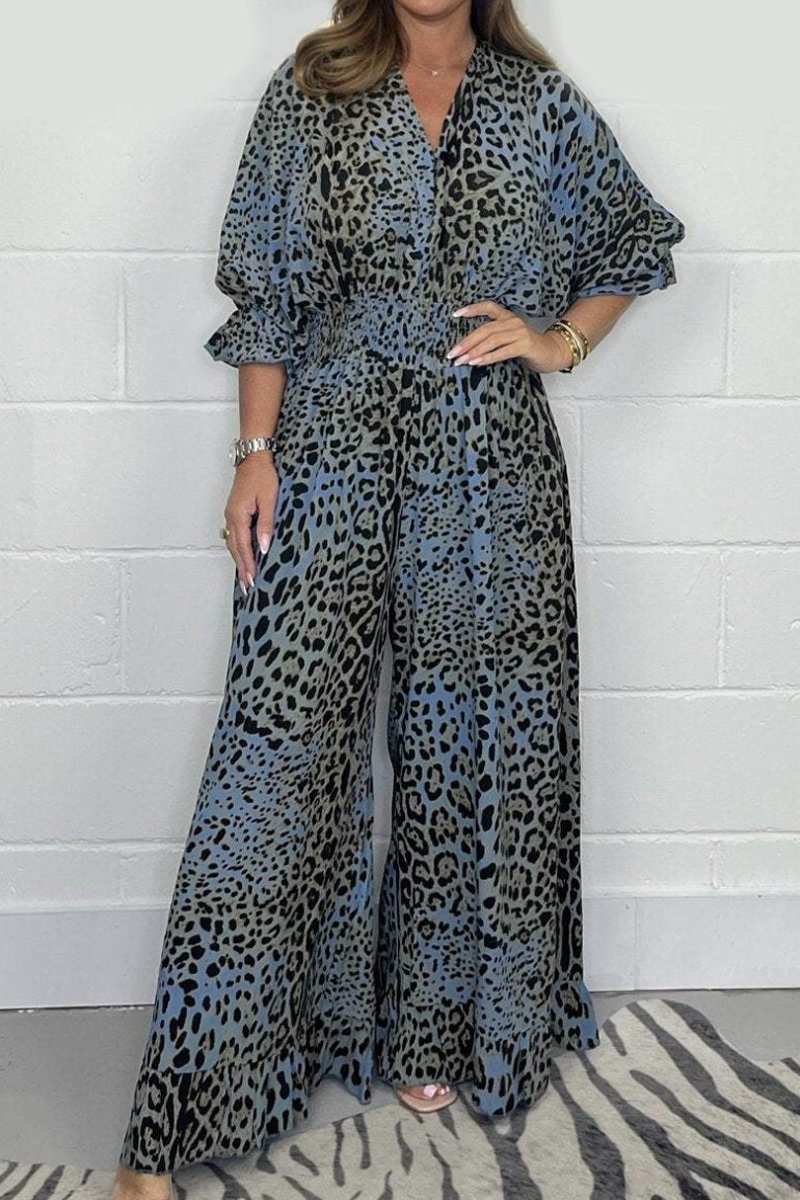 Leopard Contrast V Neck Loose Jumpsuits(4 Colors)