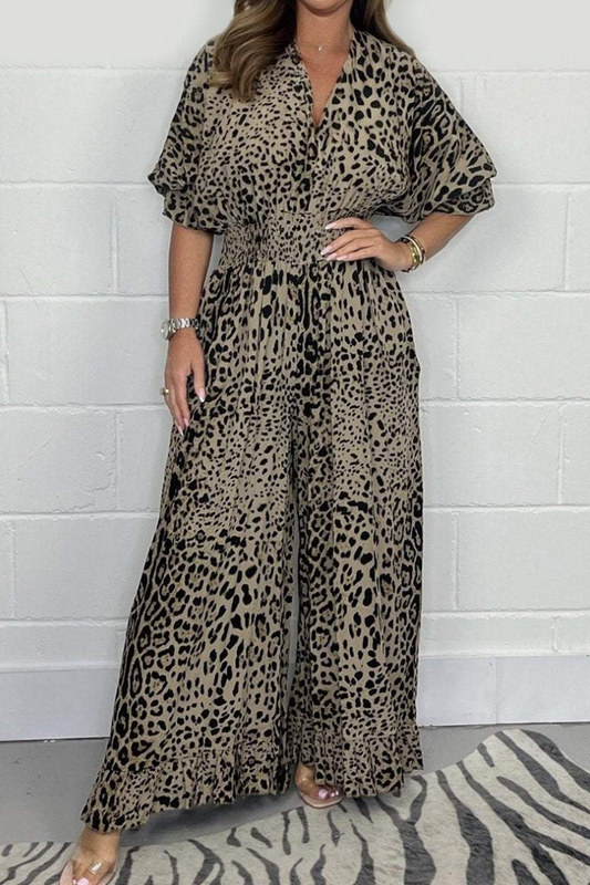 Leopard Contrast V Neck Loose Jumpsuits(4 Colors)
