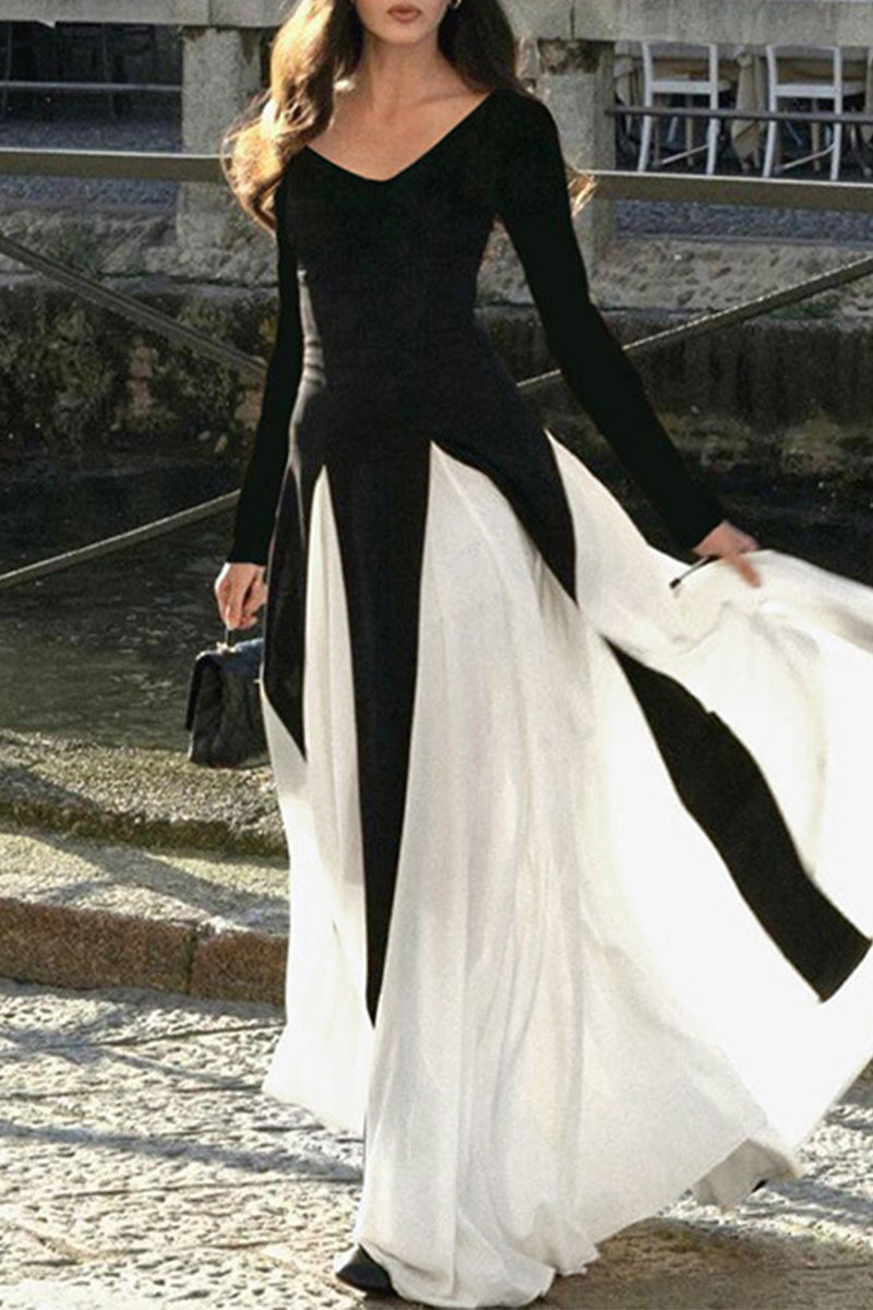 Patchwork Contrast V Neck Long Dresses