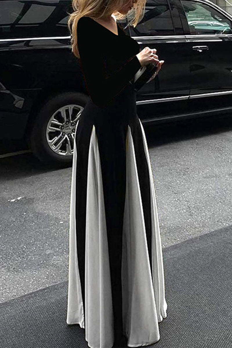Patchwork Contrast V Neck Long Dresses