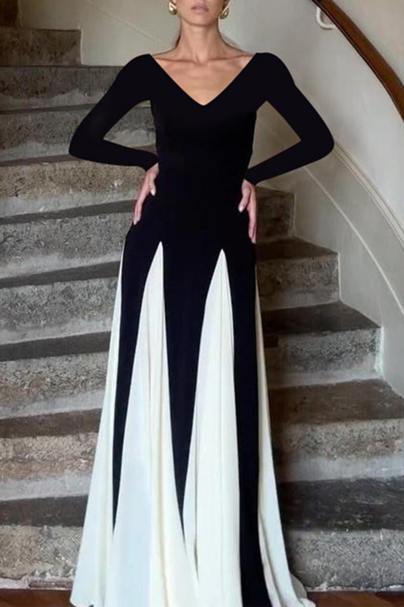 Patchwork Contrast V Neck Long Dresses