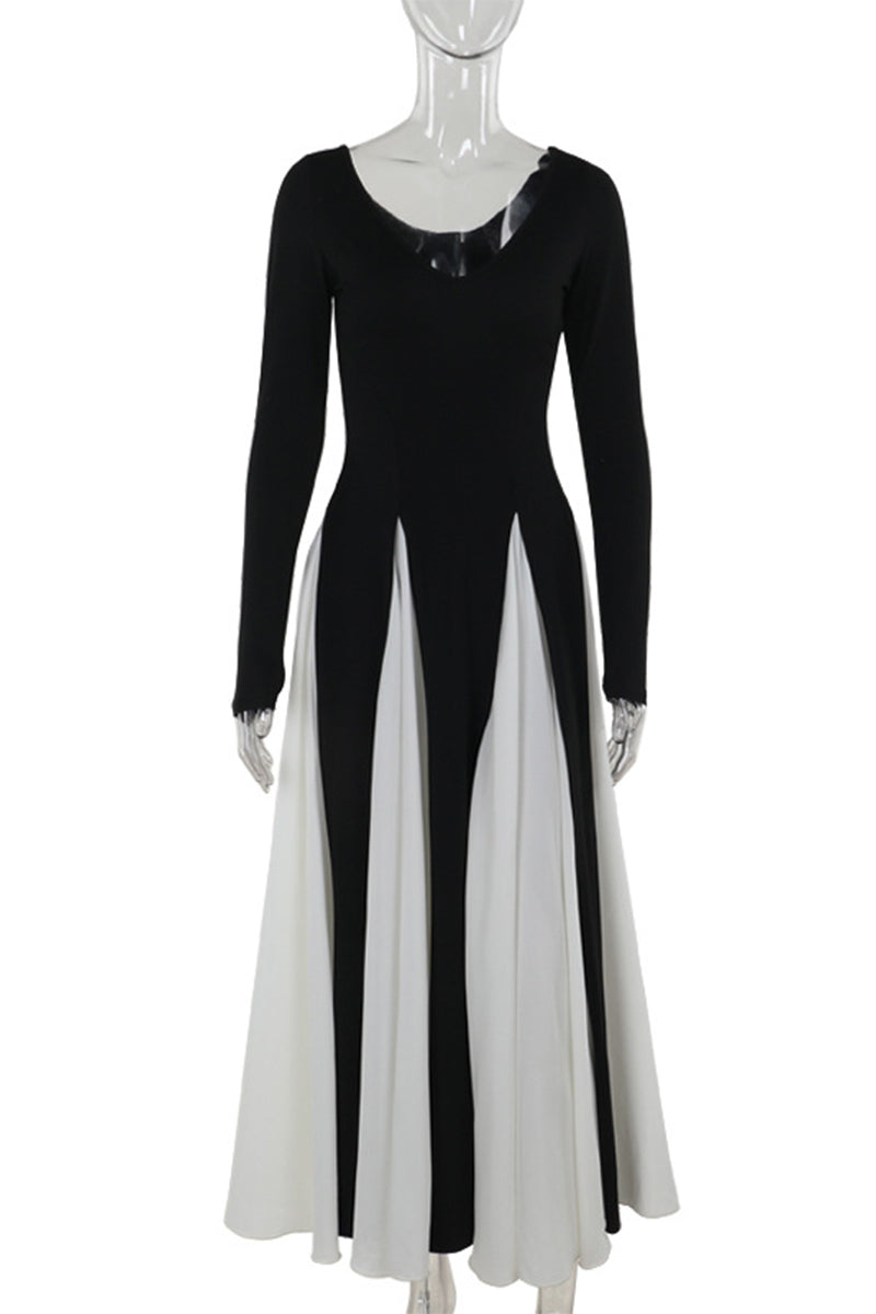 Patchwork Contrast V Neck Long Dresses