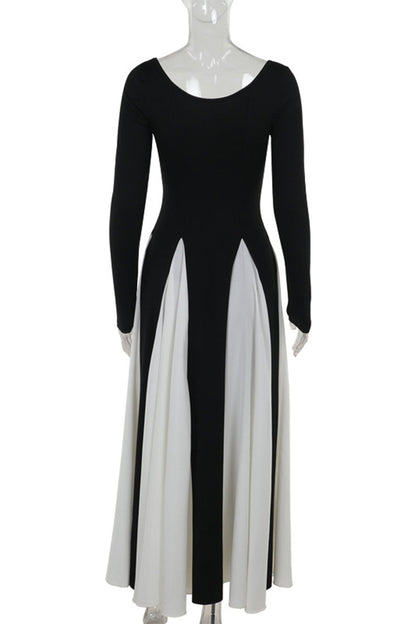 Patchwork Contrast V Neck Long Dresses