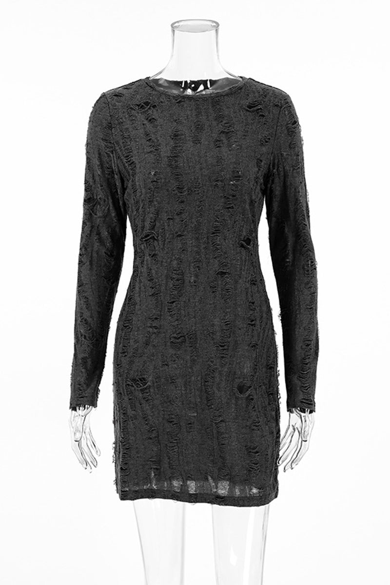 Street Ripped Distressed O Neck Wrapped Skirt Dresses