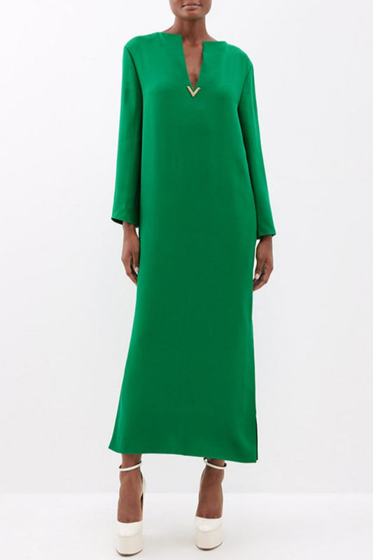 Color Slit V Neck Long Dresses