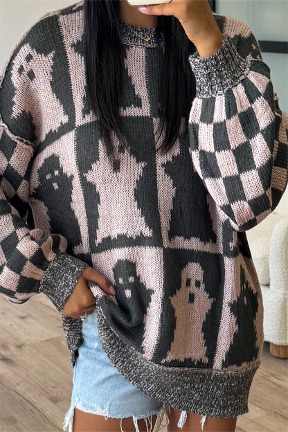 Plaid Weave Contrast O Neck Sweaters