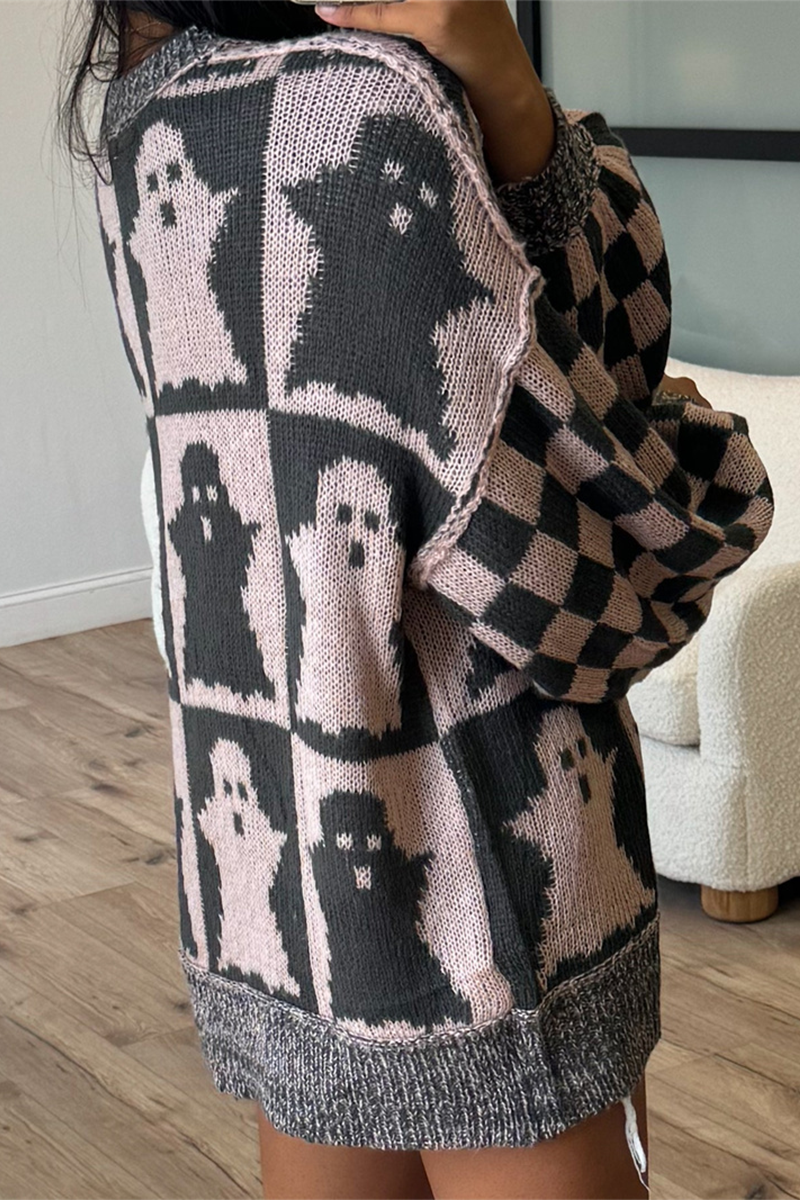 Plaid Weave Contrast O Neck Sweaters