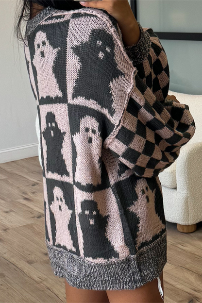 Plaid Weave Contrast O Neck Sweaters