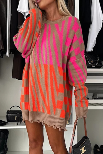 Stripe Irregular Weave Contrast O Neck Sweaters