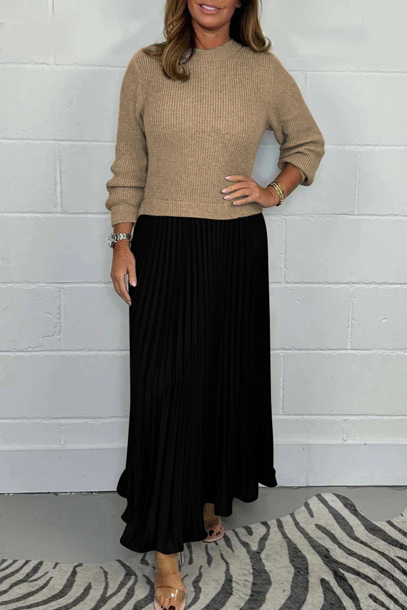 Patchwork Contrast O Neck Long Dresses(9 Colors)