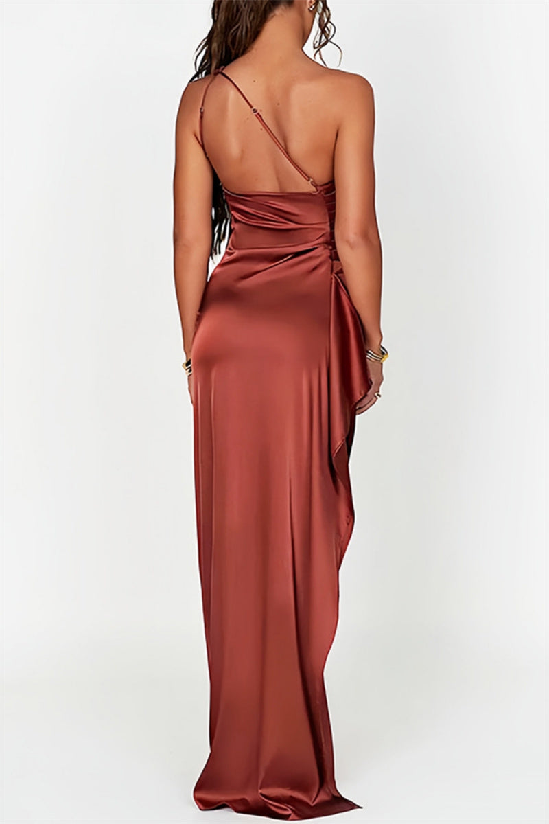Party Formal Backless Slit Ruched Oblique Collar Long Dresses(11 Colors)