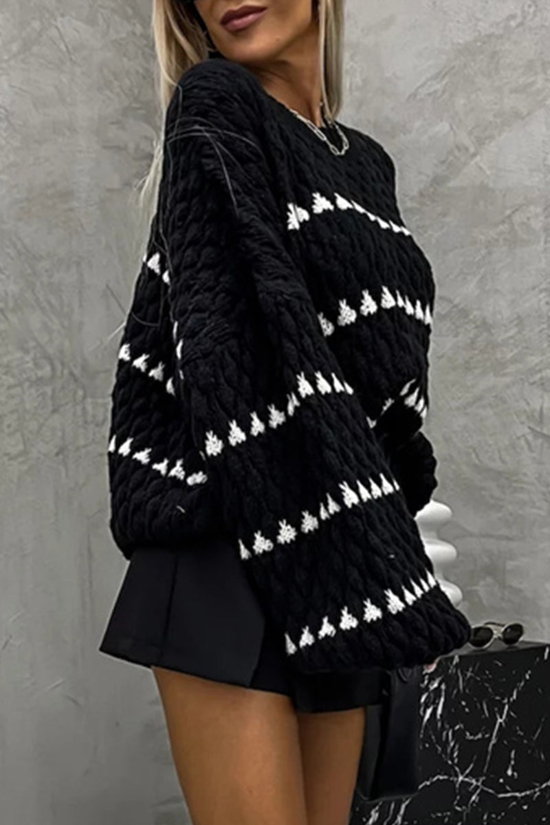 Stripe Patchwork Contrast O Neck Sweaters