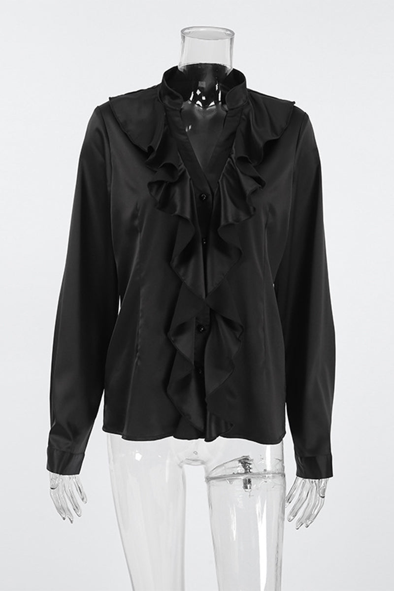 Buttons Ruffle Mandarin Collar Blouses