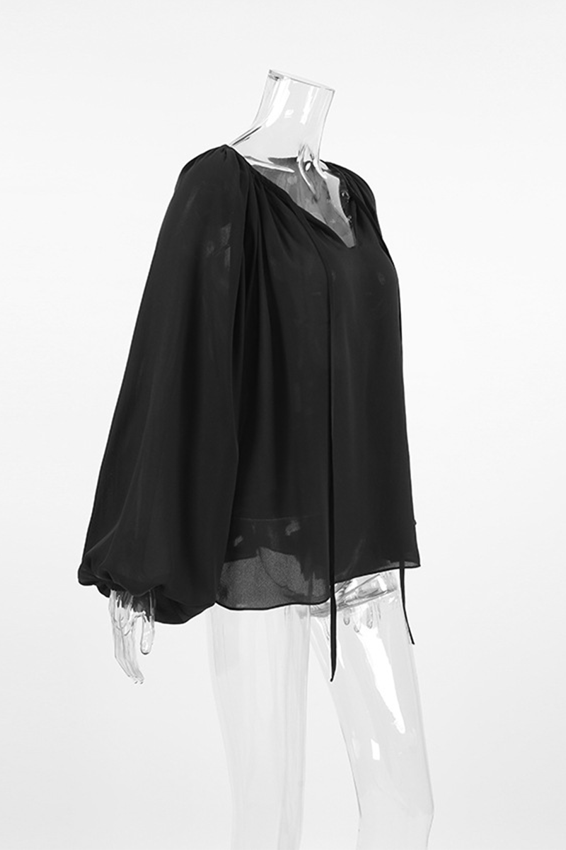 Lace Up See-through V Neck Blouses