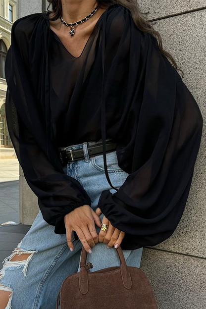 Lace Up See-through V Neck Blouses