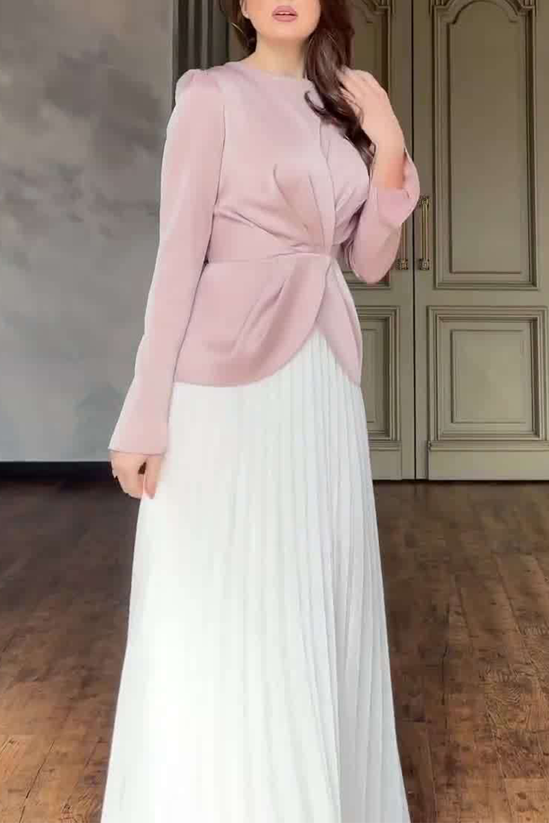 Ruched Strap Design Contrast O Neck Waist Skirt Dresses
