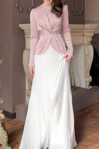 Ruched Strap Design Contrast O Neck Waist Skirt Dresses