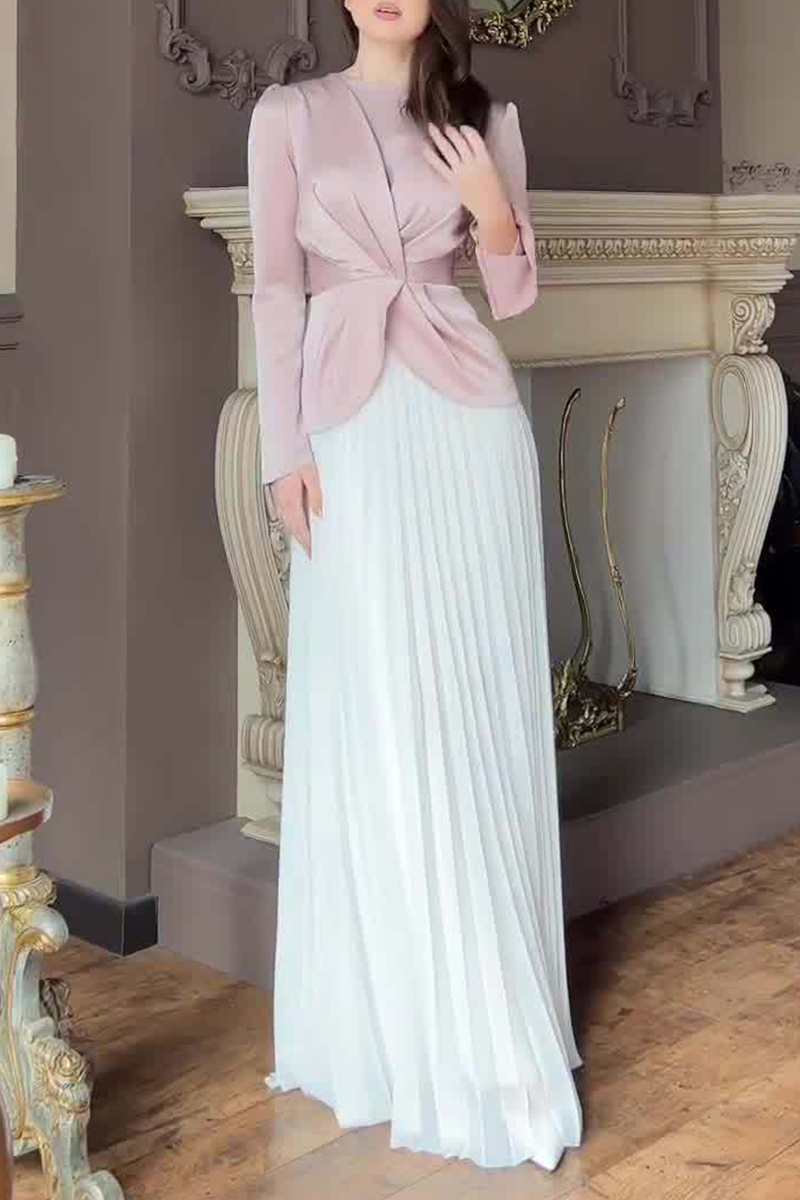 Ruched Strap Design Contrast O Neck Waist Skirt Dresses