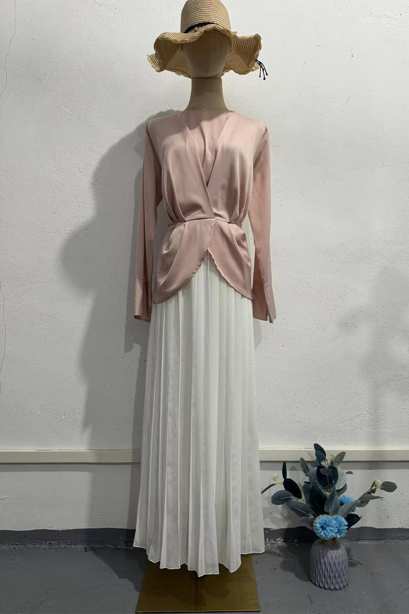 Ruched Strap Design Contrast O Neck Waist Skirt Dresses
